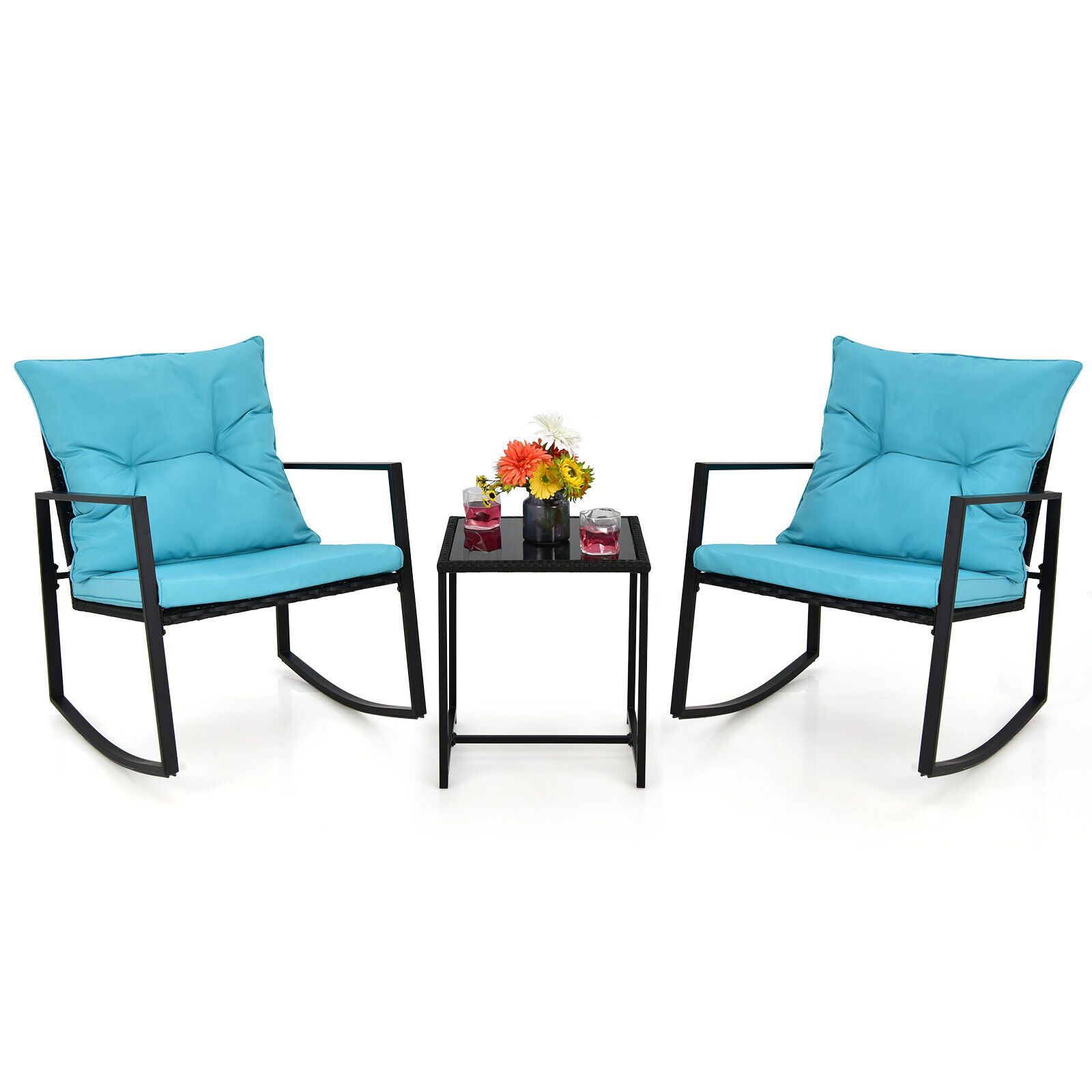 3 Pieces Rocking Chair and Glass Coffee Table Set